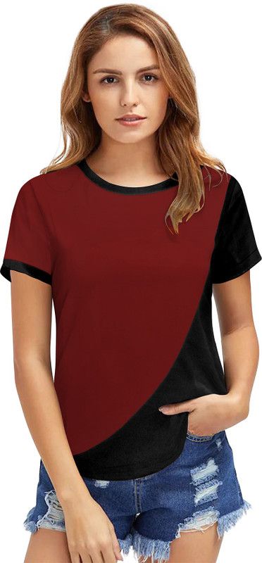 Women Colorblock Round Neck Polyester Maroon T-Shirt