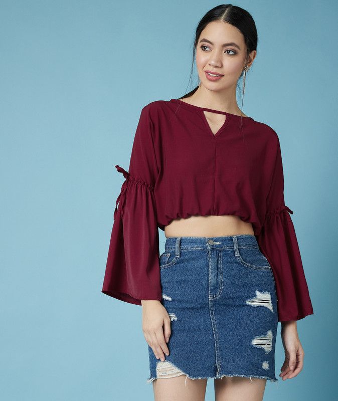 Casual Flared Sleeves Solid Women Maroon Top