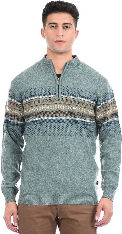 Men Self Design High Neck Green Sweater