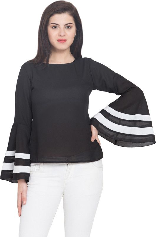 Casual Bell Sleeves Color Block Women Black Top