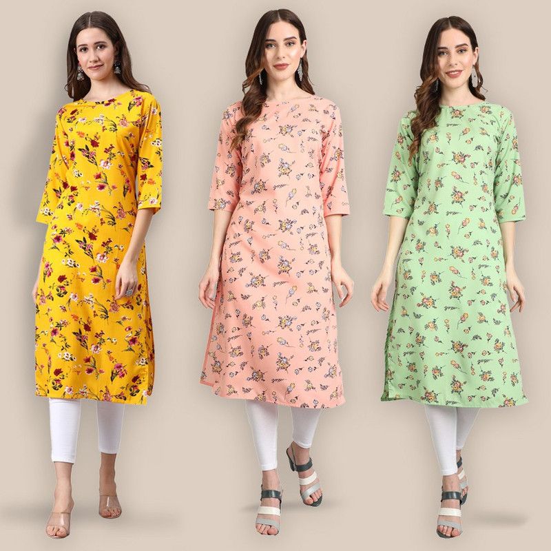 Pack of 3 Women Floral Print Crepe A-line Kurta  (Orange)