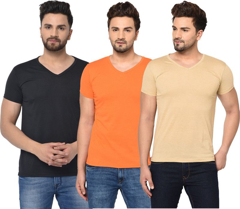 Pack of 3 Men Solid V Neck Cotton Blend Black, Orange, Beige T-Shirt
