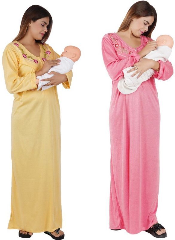 Pack of 2 Women Maternity/Nursing Nighty  (Beige, Pink)