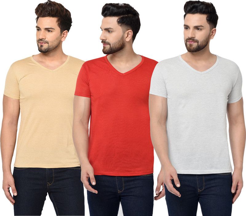 Pack of 3 Men Solid V Neck Cotton Blend Red, White, Beige T-Shirt