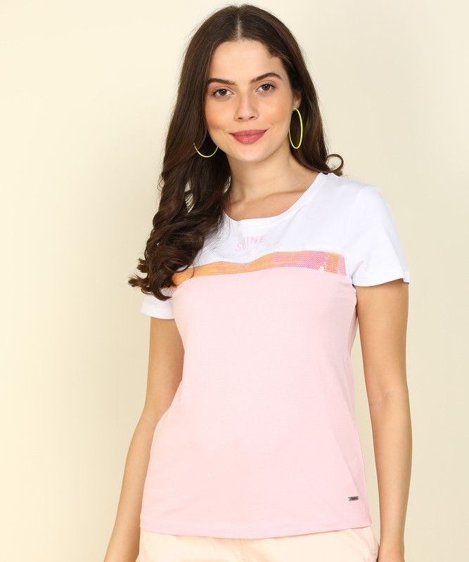 Women Colorblock Round Neck Pure Cotton White, Pink T-Shirt