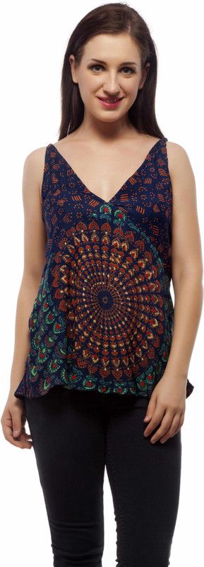 Casual Sleeveless Floral Print Women Light Blue, Green Top
