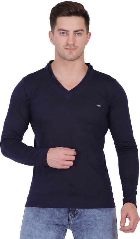 Men Solid V Neck Cotton Blend Navy Blue T-Shirt