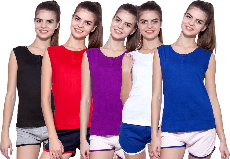 Pack of 5 Women Solid Henley Neck Cotton Blend Purple, Red, White, Blue, Black T-Shirt