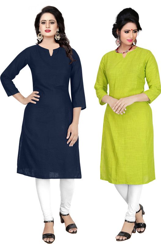 Pack of 2 Women Self Design Pure Cotton Straight Kurta  (Green)
