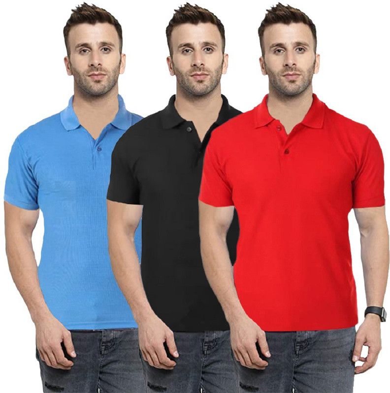 Pack of 3 Men Solid Polo Neck Reversible Cotton Blend Light Blue, Red, Black T-Shirt