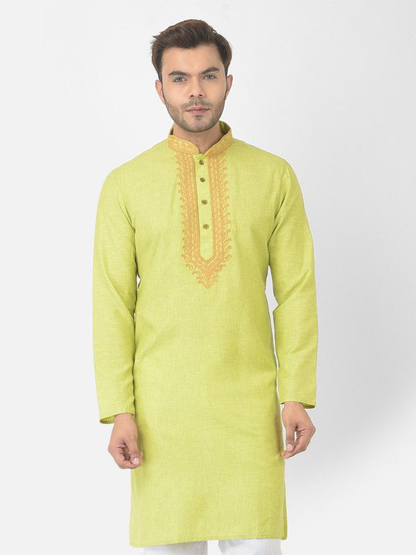 Men Embroidered Pure Cotton Straight Kurta  (Light Green)