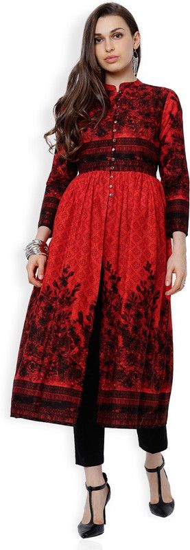 Women Printed Cotton Blend Anarkali Kurta  (Red, Maroon)