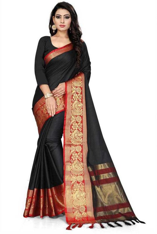 Woven, Embellished, Applique, Solid/Plain Dharmavaram Pure Silk, Cotton Silk Saree  (Black)