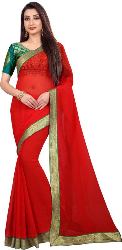 Embellished, Woven, Solid/Plain Bollywood Chiffon Saree  (Red)