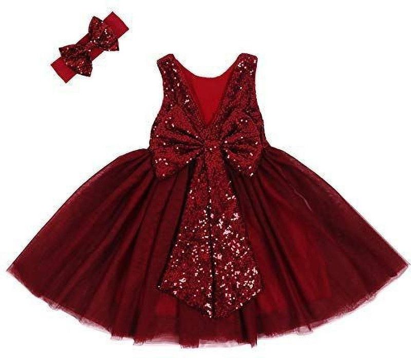Baby Girls Above Knee Party Dress  (Maroon, Sleeveless)