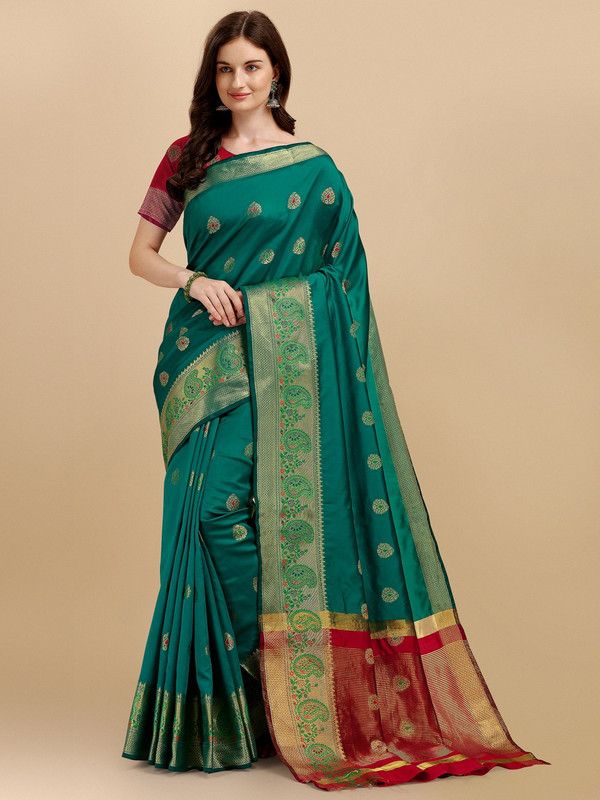 Banarasi Cotton Blend, Silk Blend Saree  (Light Blue, Red)