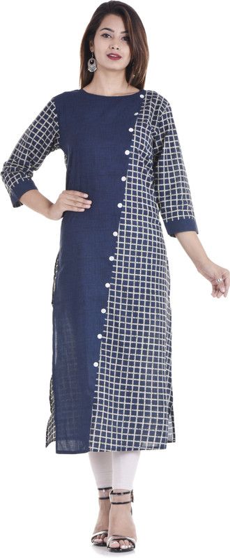 Women Checkered Cotton Blend Straight Kurta  (Blue)