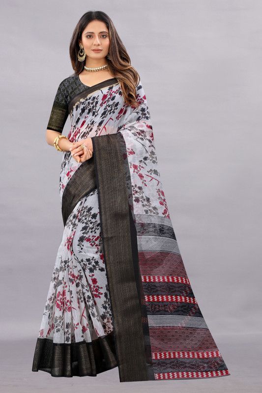 Printed Mysore Cotton Blend Saree  (Black)