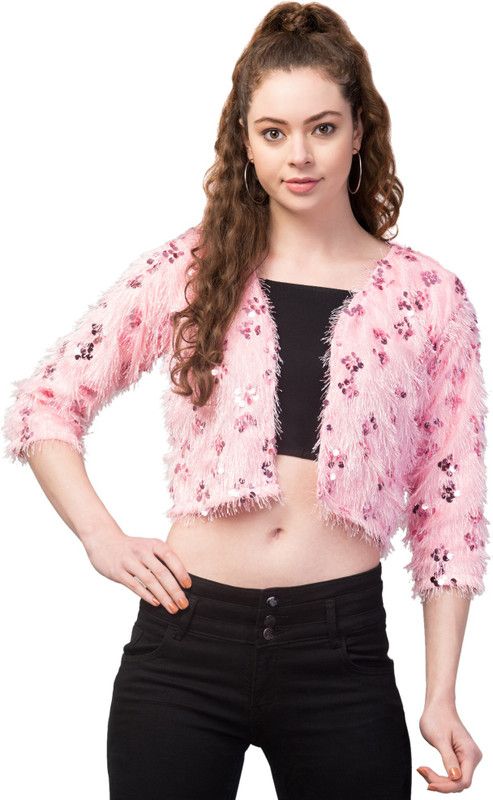 Stylish 3/4 Sleeve Pink Sequins Sparkling Crop Jacket For Women Women Embellished Casual Jacket