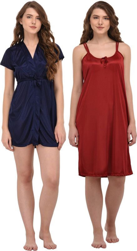 Pack of 2 Women Nighty with Robe  (Maroon, Blue)