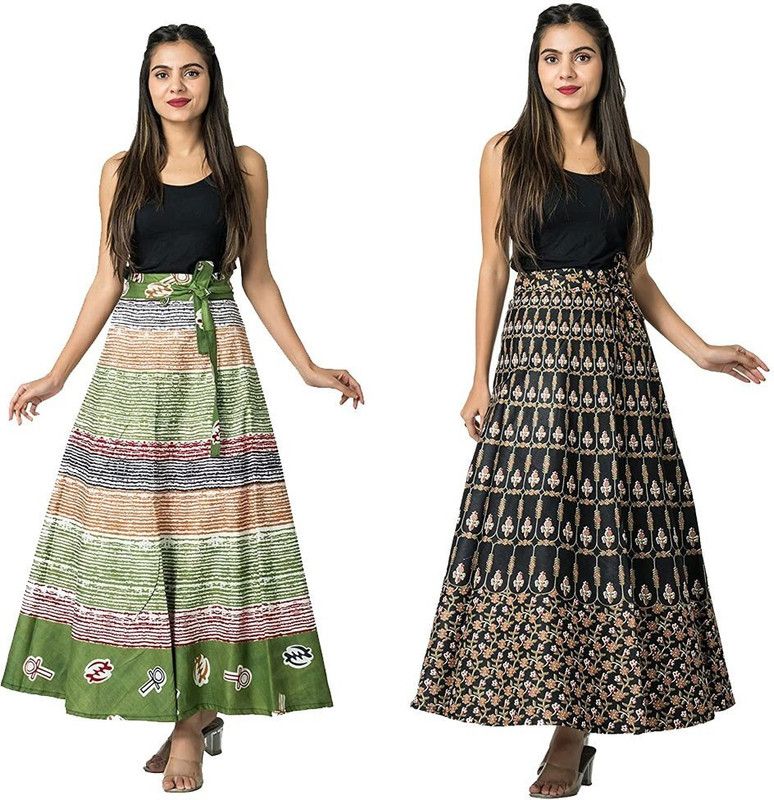 Women Printed Wrap Around Green, Black Skirt