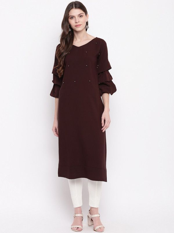 Women Embellished Crepe Straight Kurta  (Brown)
