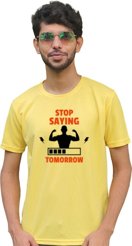 Half Sleeve white Men's T-shirt Men Graphic Print Round Neck Poly Cotton Yellow T-Shirt