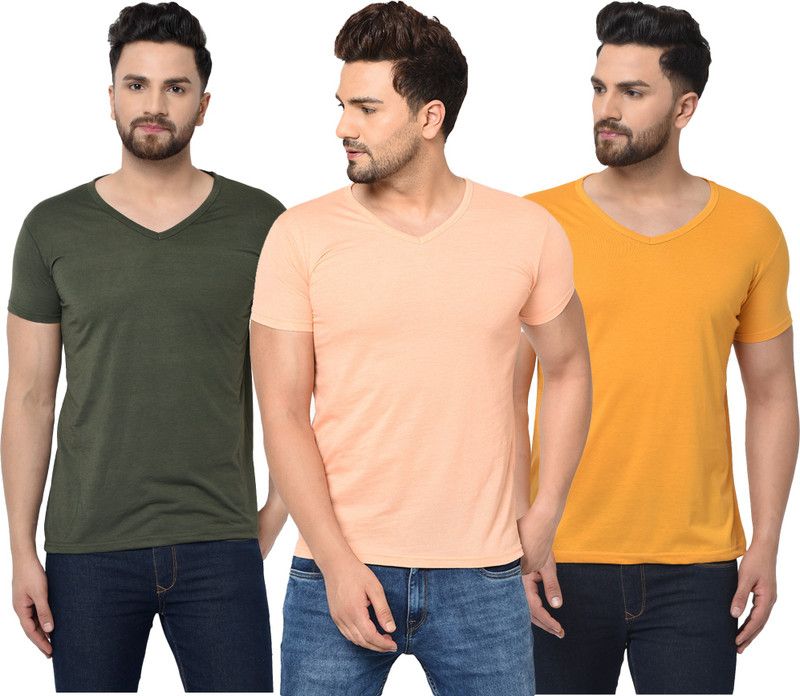 Pack of 3 V Neck T-Shirt Combo of 3 Men Self Design V Neck Cotton Blend Green, Beige, Yellow T-Shirt