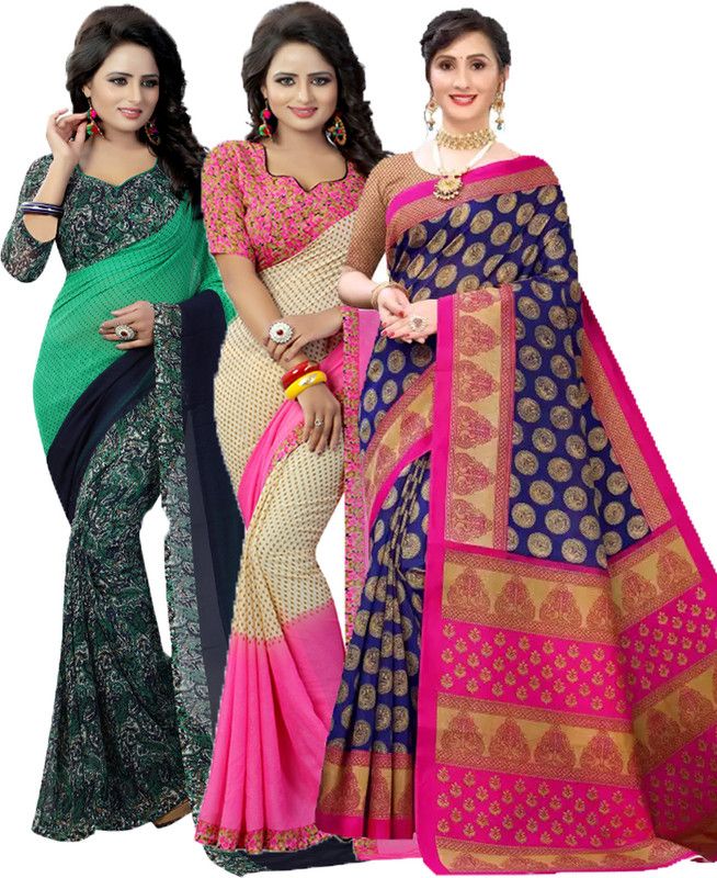 Printed Bollywood Georgette Saree  (Pack of 3, Green, Pink, Dark Green)