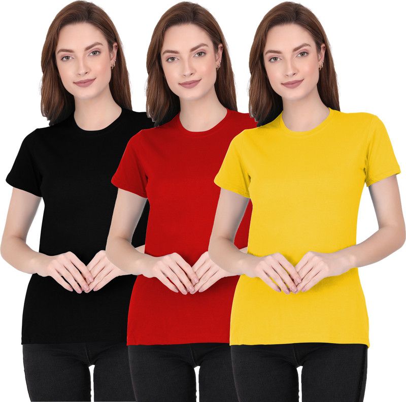 Pack of 3 Women Solid Round Neck Cotton Blend Red, Black, Yellow T-Shirt