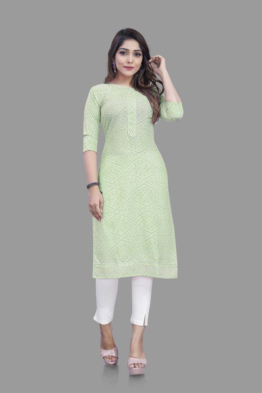 Women Bandhani Cotton Rayon A-line Kurta  (Green)