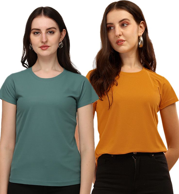 Pack of 2 Women Solid Round Neck Cotton Blend Green, Brown T-Shirt