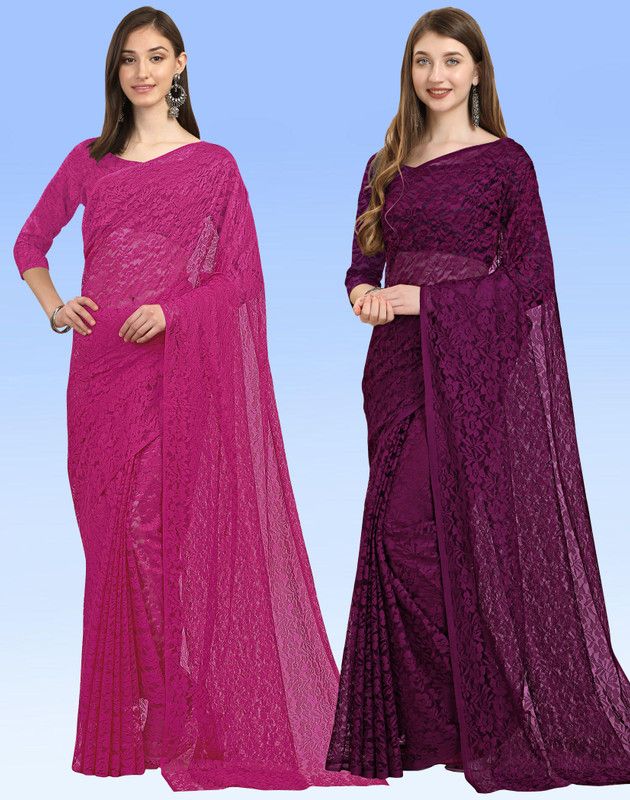 Embellished Bollywood Net, Brasso Saree  (Pack of 2, Magenta, Purple)