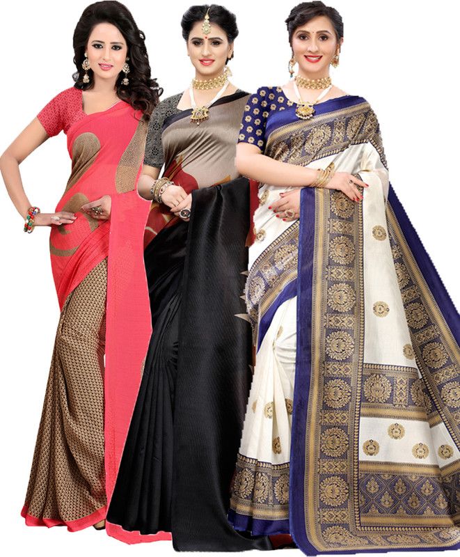 Printed Bollywood Georgette Saree  (Pack of 3, Red, Black, Blue)