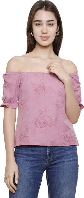 Casual Puff Sleeves Printed, Floral Print Women Purple Top