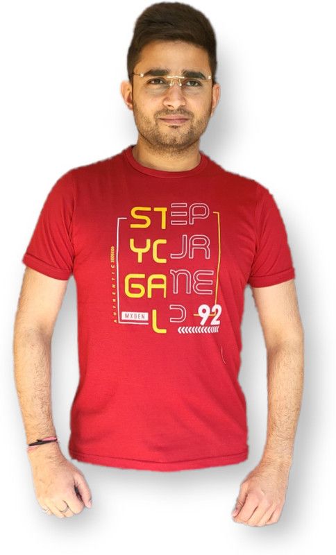 Men Typography Round Neck Poly Cotton Red T-Shirt