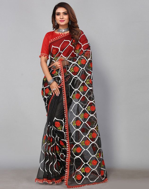 Embroidered, Embellished, Dyed, Self Design Lucknow Chikankari Nylon Saree  (Black, Red)