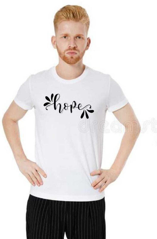 black hope with leaf Men Printed Round Neck Poly Cotton White T-Shirt