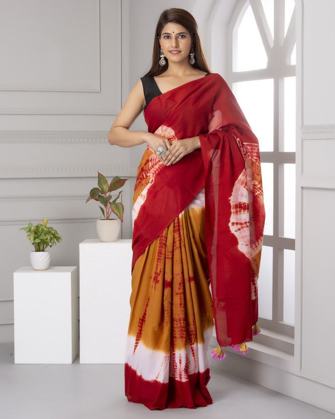 Printed, Color Block, Blocked Printed, Dyed Daily Wear Pure Cotton Saree  (Maroon)