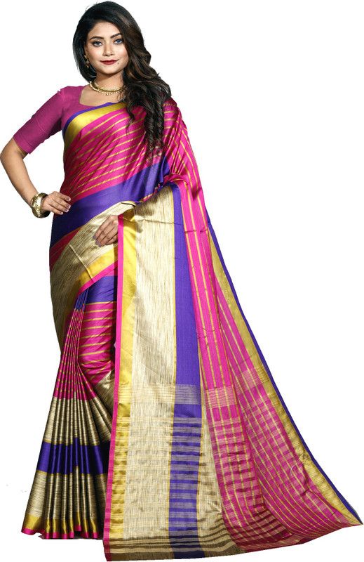 Woven Maheshwari Cotton Silk Saree  (Pink)