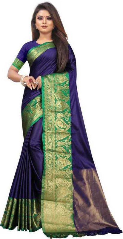 Self Design, Woven, Embellished Dharmavaram Jacquard, Cotton Silk Saree  (Blue)