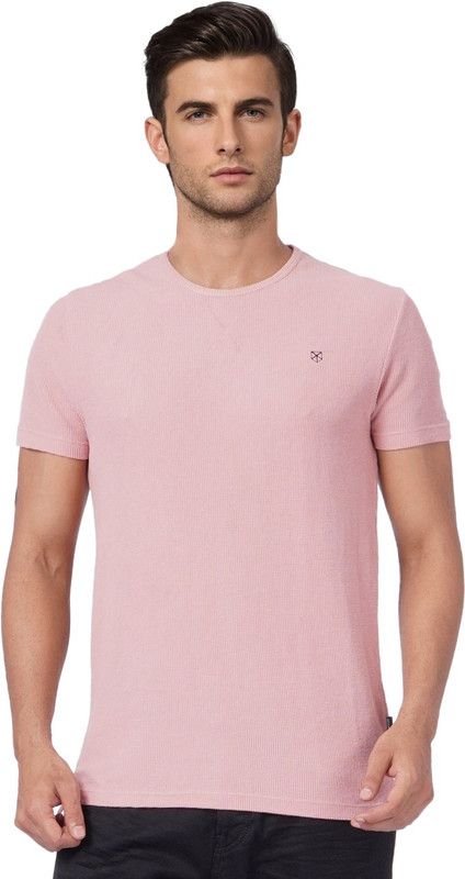 Men Self Design Round Neck Pure Cotton Pink T-Shirt