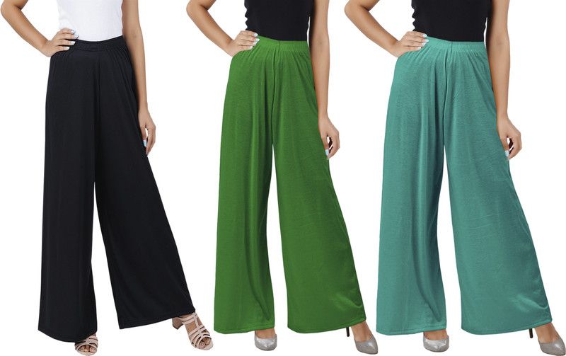 Pack of 3 Women Flared Black, Green, Green Cotton Blend Trousers