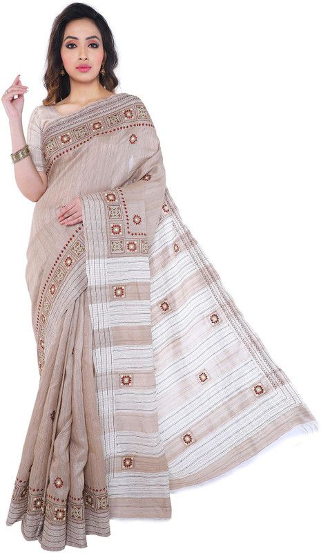 Embroidered Handloom Tussar Silk Saree  (Beige)