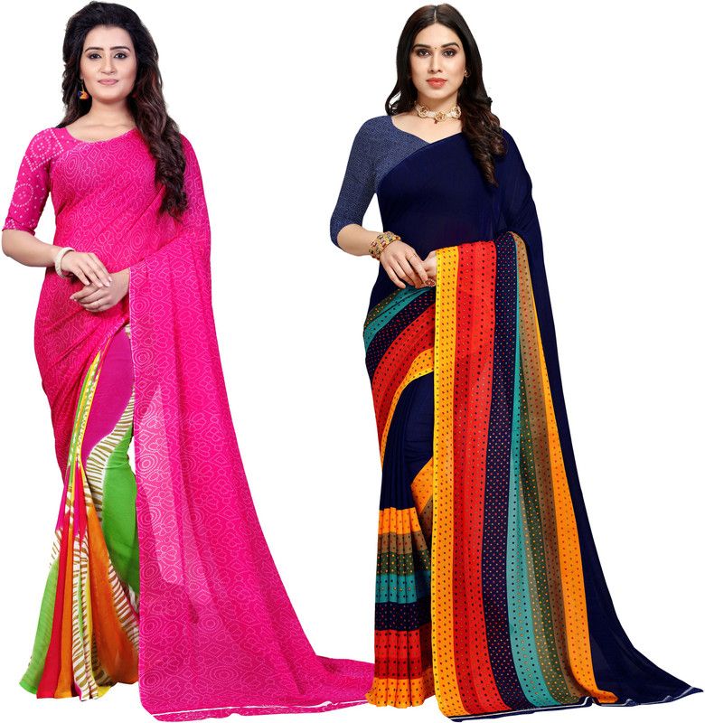 Paisley, Geometric Print, Floral Print Daily Wear Georgette Saree  (Pack of 2, Dark Blue, Pink)