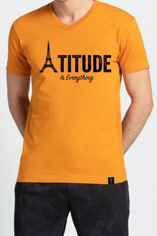 Men Printed V Neck Pure Cotton Yellow T-Shirt