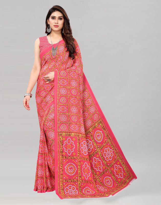 Printed, Geometric Print Bandhani Georgette Saree  (Pink)