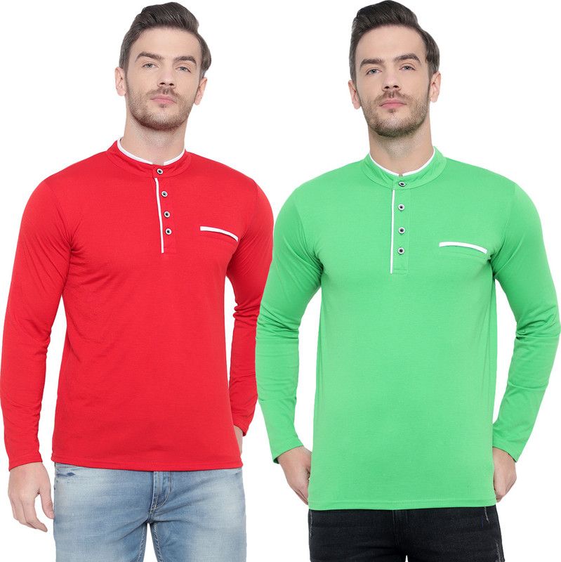 Pack of 2 Men Solid Mandarin Collar Cotton Blend Red, Light Green T-Shirt