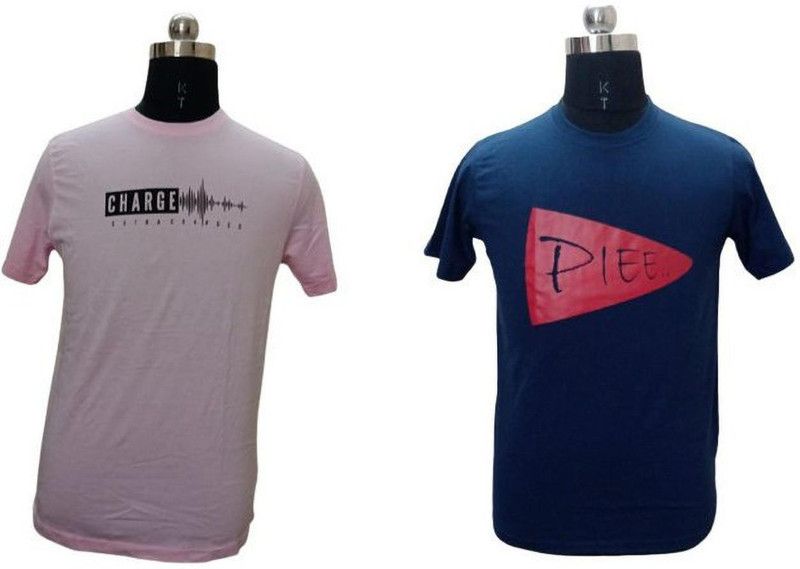 Pack of 2 Men Self Design Round Neck Cotton Blend Dark Blue, Pink T-Shirt