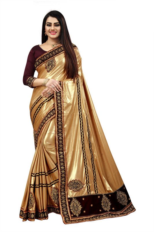 Embroidered Bollywood Silk Blend Saree  (Gold)